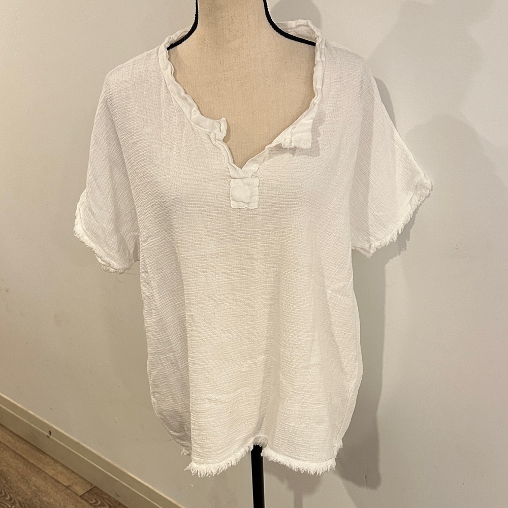 Venti6 Cotton Linen Blend White Frayed Women's Top XL